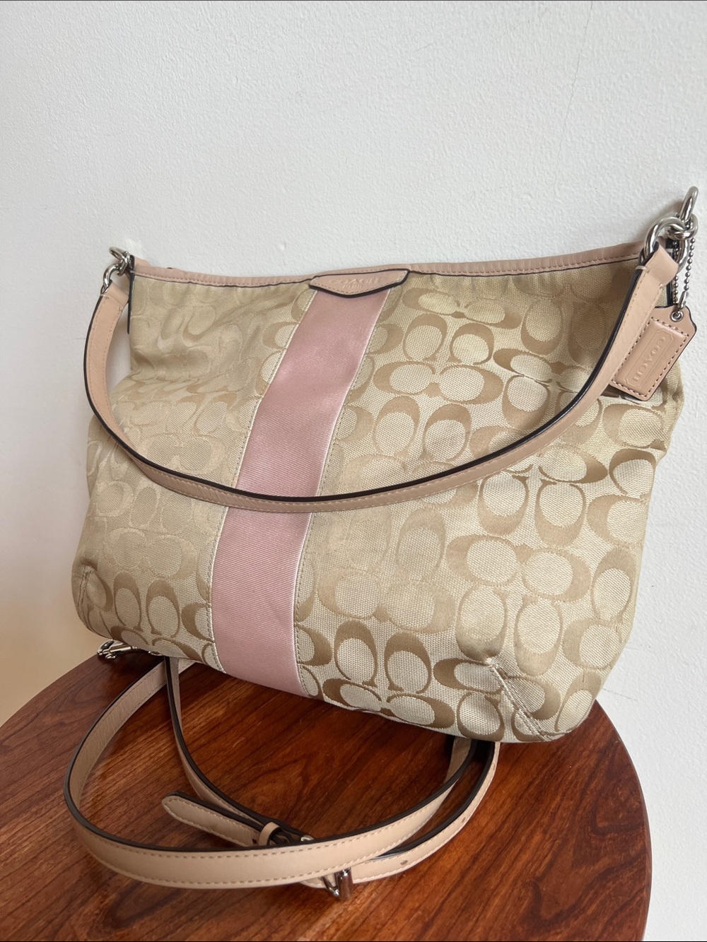 Coach convertible Hobo with Pink Center Stripe crossbody or shoulder bag